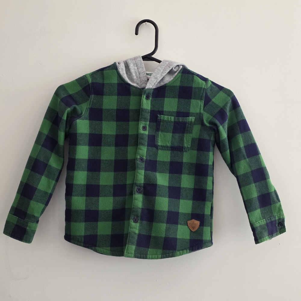 Buffalo David Bitton Kids Plaid Fleece-Line Hoodie, Green and Navy, Boys Size 5